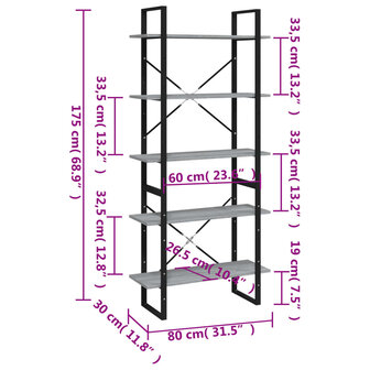 Boekenkast 80x30x175 cm bewerkt hout grijs sonoma eikenkleurig 8720287100041 9