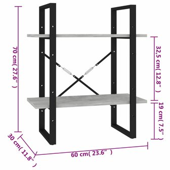 Boekenkast met 2 schappen 60x30x70 cm bewerkt hout betongrijs 8720286567210 7