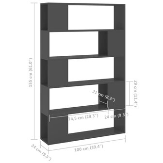 Boekenkast/kamerscherm 100x24x155 cm spaanplaat grijs 8720286651551 7