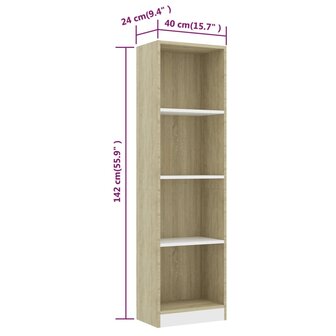 Boekenkast met 4 schappen 40x24x142cm bewerkt hout wit en eiken 8719883787466 6