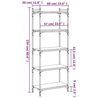 Boekenkast 5-laags 60x30x154 cm bewerkt hout gerookt eikenkleur 8721012194410 9