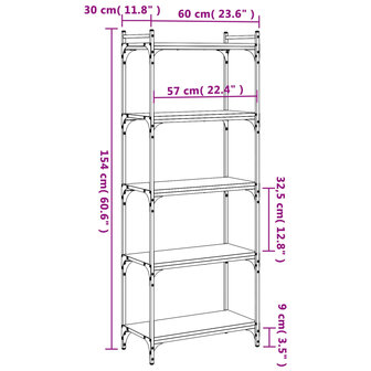 Boekenkast 5-laags 60x30x154 cm bewerkt hout sonoma eikenkleur 8721012194403 9