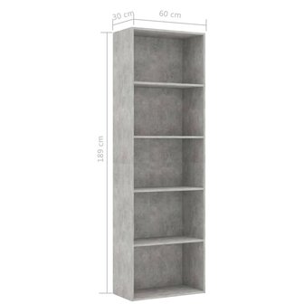 Boekenkast met 5 schappen 60x30x189 cm bewerkt hout betongrijs 8719883815893 6