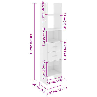 Boekenkast 40x35x180 cm bewerkt hout hoogglans wit 8720286352779 8