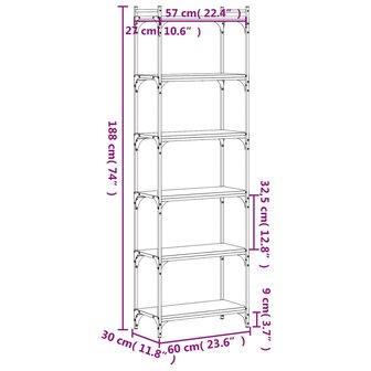 Boekenkast 6-laags 60x30x188 cm bewerkt hout bruineikenkleurig 8721012194489 9