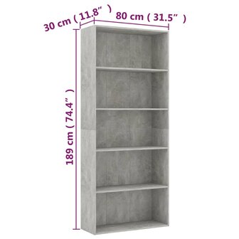 Boekenkast met 5 schappen 80x30x189 cm bewerkt hout betongrijs 8719883816258 6