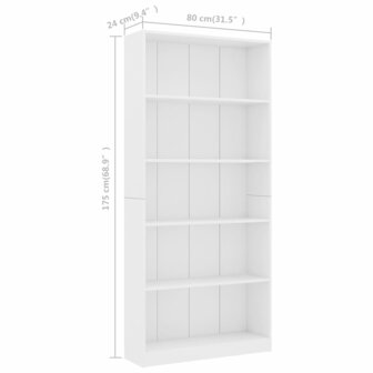 Boekenkast met 5 schappen 80x24x175 cm bewerkt hout wit 8719883815312 6