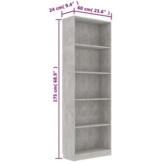 Boekenkast met 5 schappen 60x24x175 cm bewerkt hout betongrijs 8719883869339 6