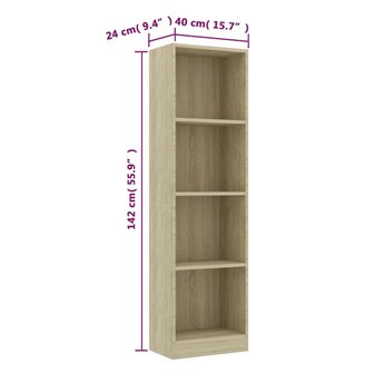 Boekenkast met 4 schappen 40x24x142 cm bewerkt hout sonoma eik 8719883787442 6