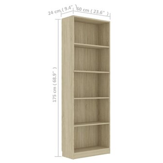 Boekenkast met 5 schappen 60x24x175 cm bewerkt hout sonoma eik 8719883869322 6