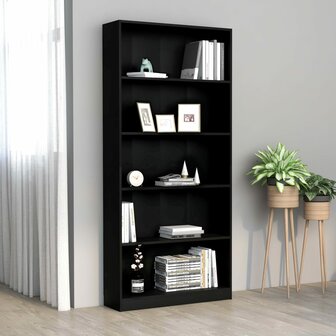 Boekenkast met 5 schappen 80x24x175 cm bewerkt hout zwart 8719883815329 1