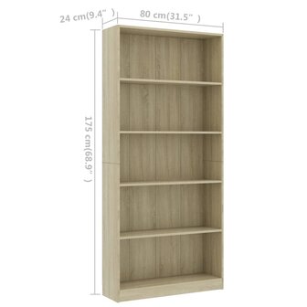 Boekenkast met 5 schappen 80x24x175 cm bewerkt hout sonoma eik 8719883815343 6