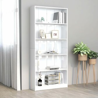 Boekenkast 5 schappen 80x24x175 cm bewerkt hout hoogglans wit 8719883815374 1