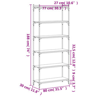 Boekenkast 6-laags 80x30x188 cm bewerkt hout bruineikenkleurig 8721012194687 9