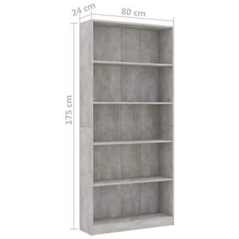 Boekenkast met 5 schappen 80x24x175 cm bewerkt hout betongrijs 8719883815350 6