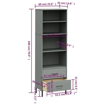 Boekenkast met 2 lades OSLO 60x35x180 cm massief hout grijs 8720845578152 8