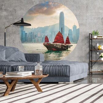 WallArt Behangcirkel Skyline with Junk Boat 142,5 cm 8719992629015 4