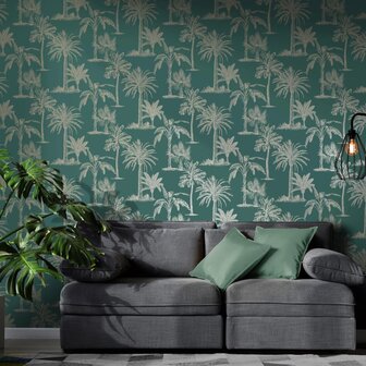 DUTCH WALLCOVERINGS Behang Tropical Trees teal en zilverkleurig 5022976128200 1