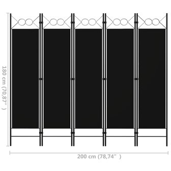 Kamerscherm met 5 panelen 200x180 cm zwart 6