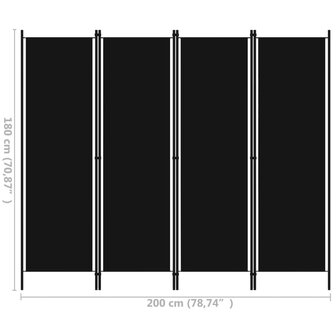 Kamerscherm met 4 panelen 200x180 cm zwart 6