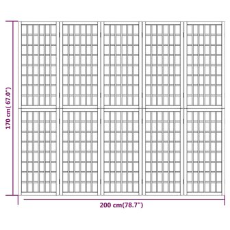 Kamerscherm inklapbaar 5 panelen Japanse stijl 200x170 cm wit 7