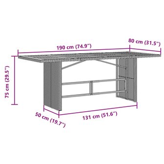 Tuintafel met glazen blad 190x80x75 cm poly rattan zwart 11