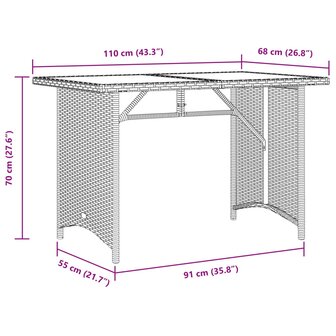 Tuintafel met glazen blad 110x68x70 cm poly rattan grijs 9