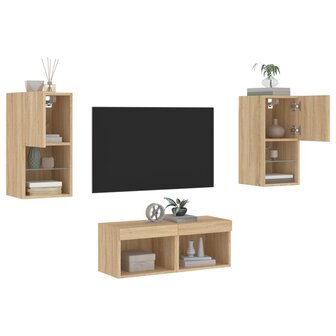 4-delige Tv-wandmeubelset met LED-verlichting sonoma eikenkleur 1