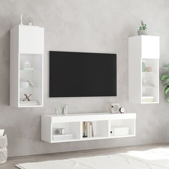 5-delige Tv-wandmeubelset met LED-verlichting bewerkt hout wit 3