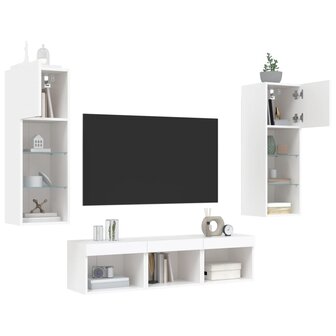 5-delige Tv-wandmeubelset met LED-verlichting bewerkt hout wit 4