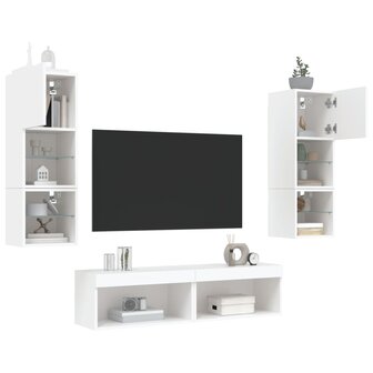 6-delige Tv-wandmeubelset met LED-verlichting bewerkt hout wit 4