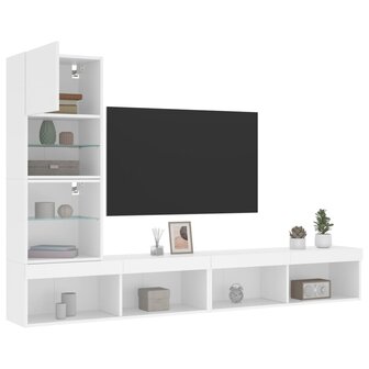 4-delige Tv-wandmeubelset met LED-verlichting bewerkt hout wit 1