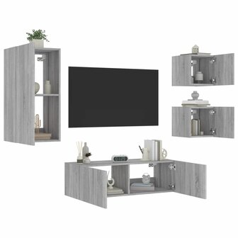 4-delige tv-wandmeubelset met LED-verlichting grijs sonoma 1