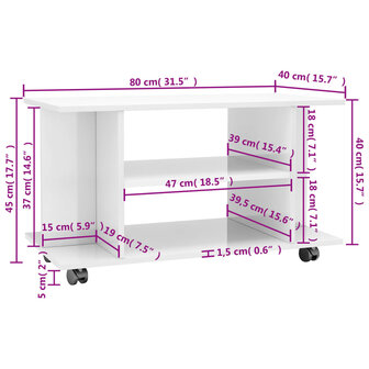 Tv-meubel met wieltjes 80x40x45 cm bewerkt hout hoogglans wit 6