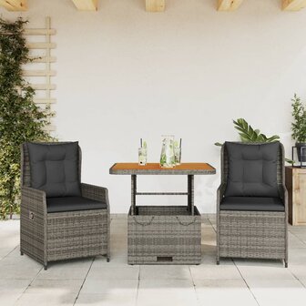 3-delige Bistroset met kussens poly rattan grijs 1