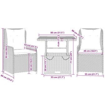 3-delige Bistroset met kussens poly rattan grijs 9