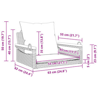 Schommelbank met kussens 63x62x40 cm poly rattan grijs 9