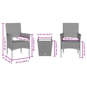 3-delige Bistroset met kussens poly rattan en glas zwart 7