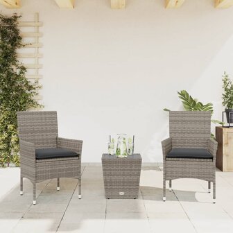 3-delige Bistroset met kussens poly rattan en glas grijs 1