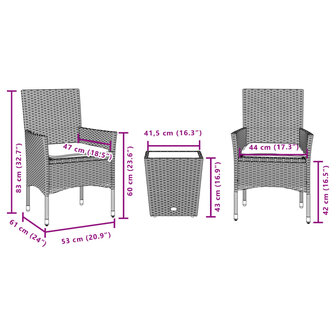 3-delige Bistroset met kussens poly rattan en glas grijs 7