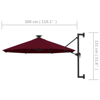 Wandparasol met LED&amp;apos;s en metalen paal 300 cm bordeauxrood 9