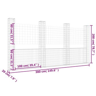 Schanskorf U-vormig met 4 palen 380x20x200 cm ijzer 6