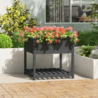 Plantenbak met schap 82,5x82,5x81 cm massief grenenhout grijs 1