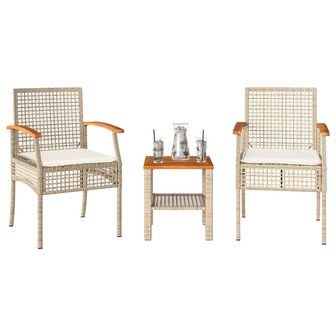 3-delige Bistroset met kussens poly rattan en acaciahout beige 1