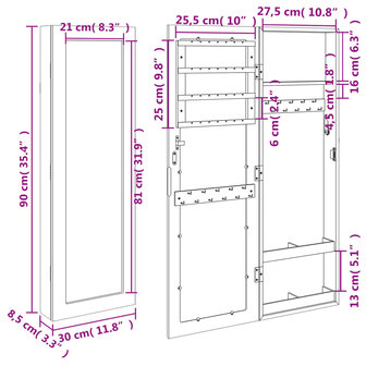 Sieradenkast met spiegel wandgemonteerd 30x8,5x90 cm wit 11