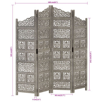 Kamerscherm 4 panelen handgesneden 160x165 cm mangohout grijs 7