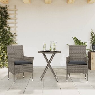 3-delige Bistroset met kussens poly rattan en glas grijs 1