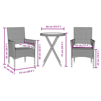 3-delige Bistroset met kussens poly rattan en glas grijs 7