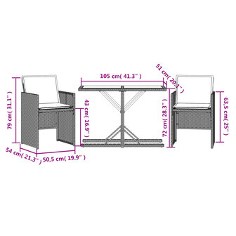 3-delige Bistroset met kussens poly rattan zwart 11