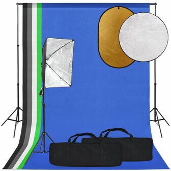 Fotostudioset met softboxlamp, achtergrond en reflector 1